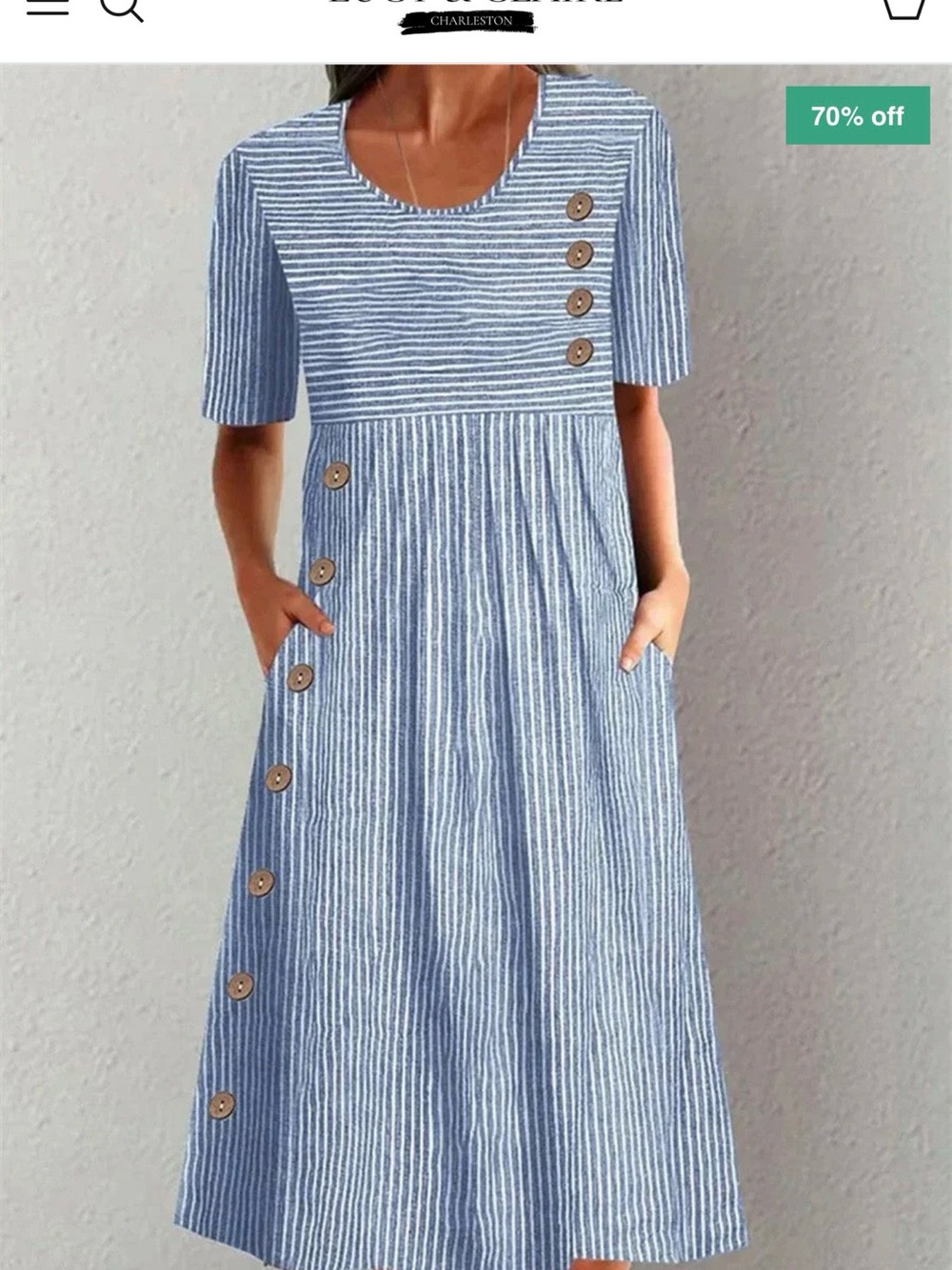 Blue Striped Midi Dress with Button Accent